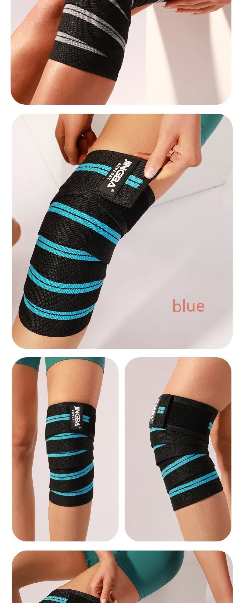 A pair of adjustable free size knee pads for sports like weightlifting and cycling, shown in blue.