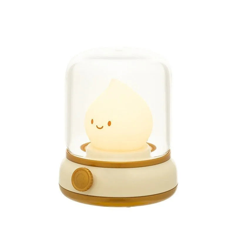 Retro USB rechargeable LED night lamp in green or yellow with dimming and candlelight mode, 100 x 108 x 124 mm.