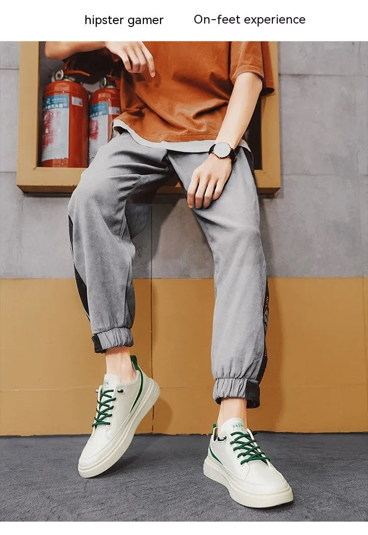 Men's low-top microfiber casual sneakers with rubber sole, elastic band, white or green, sizes 39-44