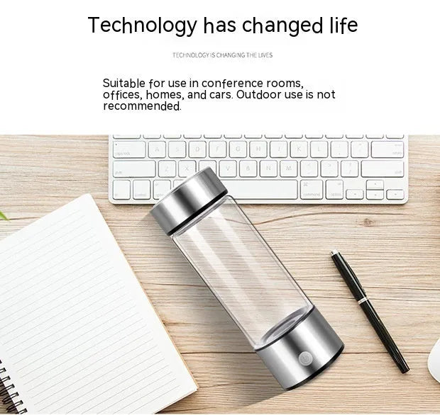 Rechargeable hydrogen water bottle generator in black with borosilicate glass and 401-500ml capacity