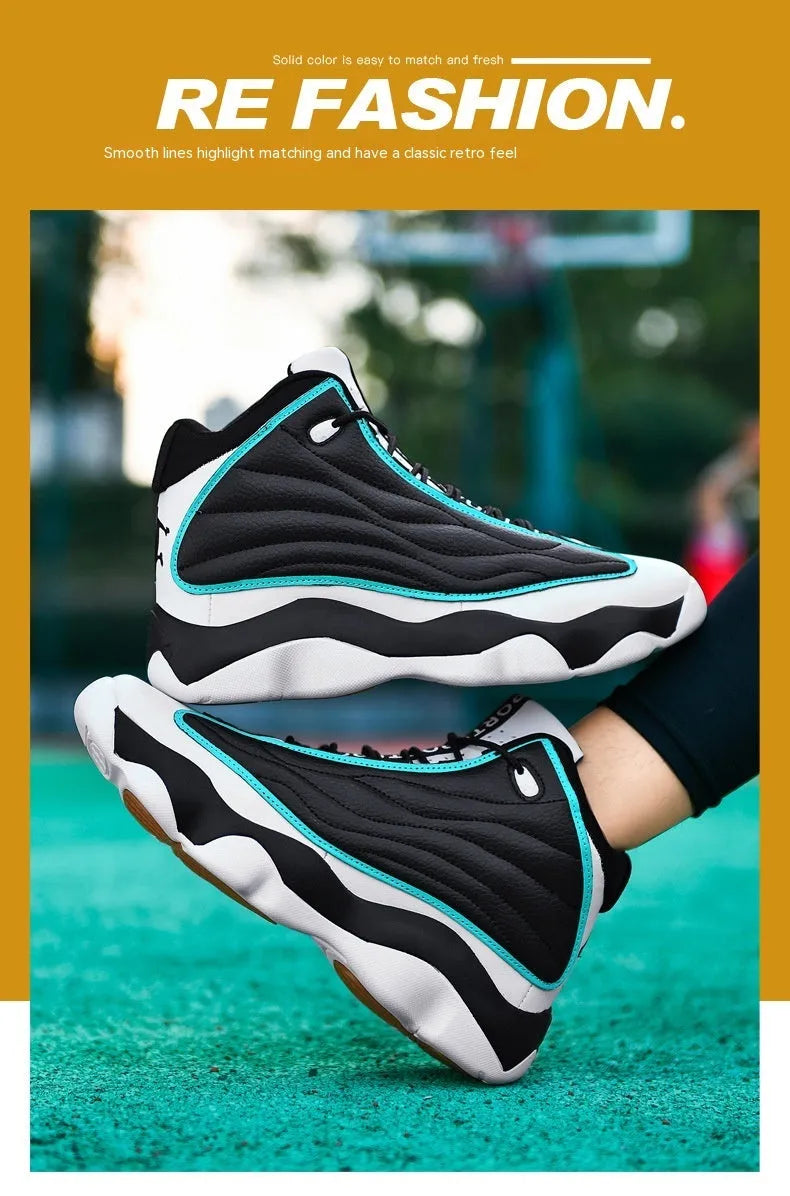 High-top basketball shoes in AJ13 colours with thick rubber sole and mesh upper
