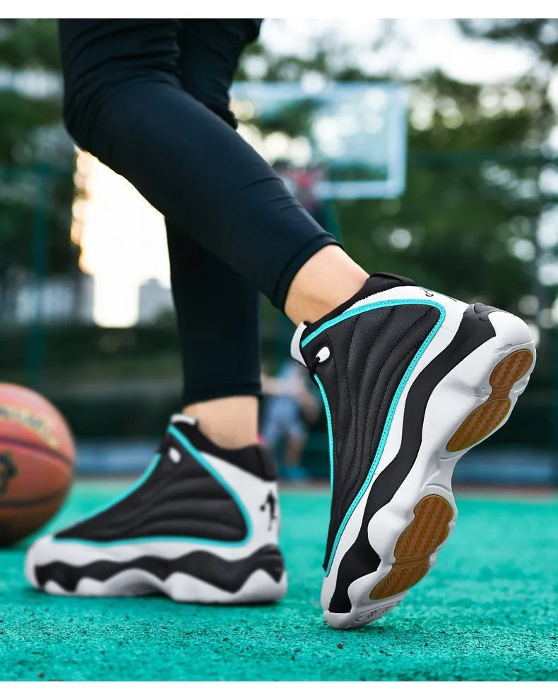 High-top basketball shoes in AJ13 colours with thick rubber sole and mesh upper