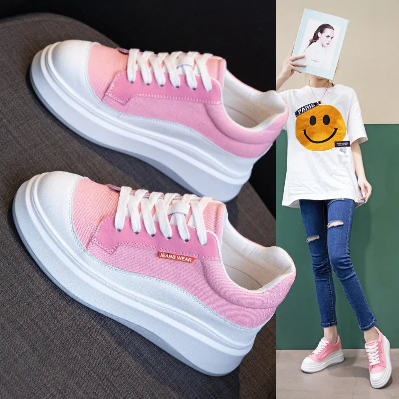 Women's beige and pink leather board shoes with thick soles for height increase