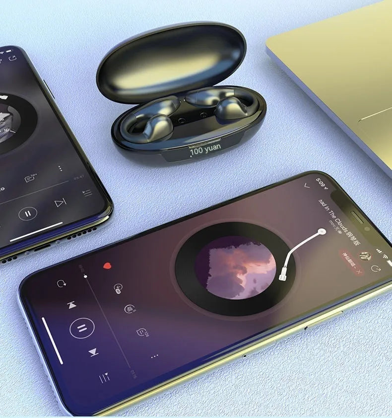 Clip-on Bluetooth earphone with comfortable wear, available in black, white, and skin colour, featuring 8-hour battery and waterproof design