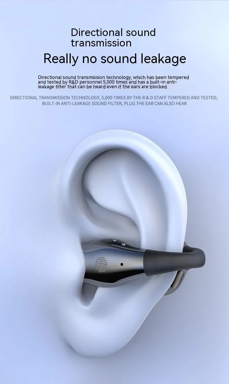 Clip-on Bluetooth earphone with comfortable wear, available in black, white, and skin colour, featuring 8-hour battery and waterproof design