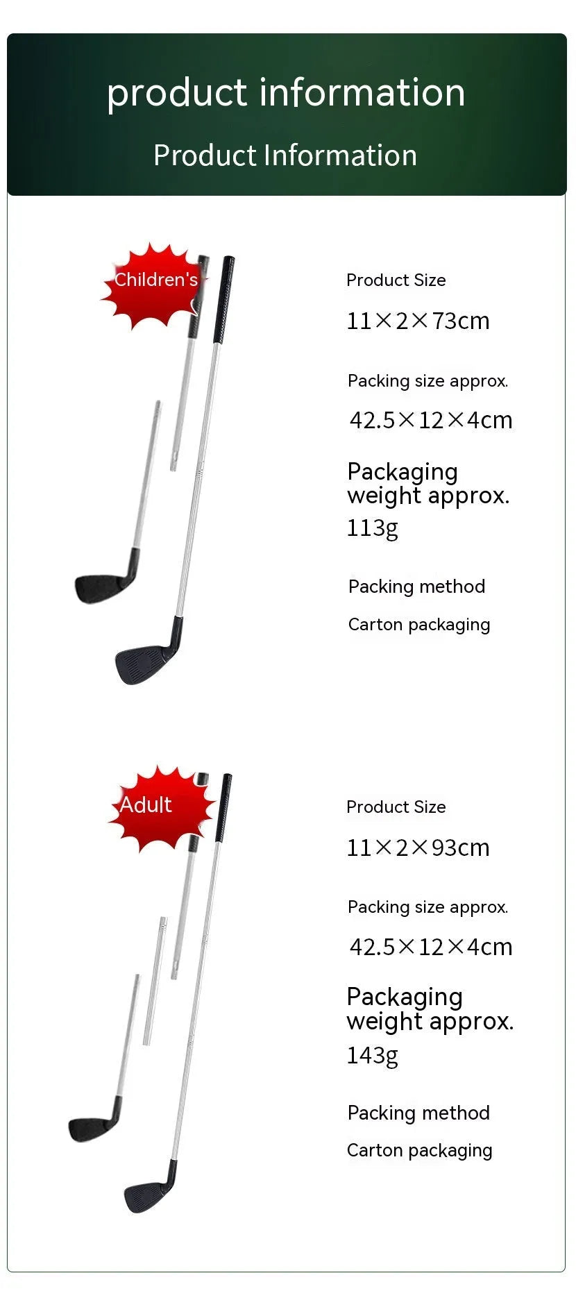 Metal golf club set showing adult and children's size options for outdoor practice.