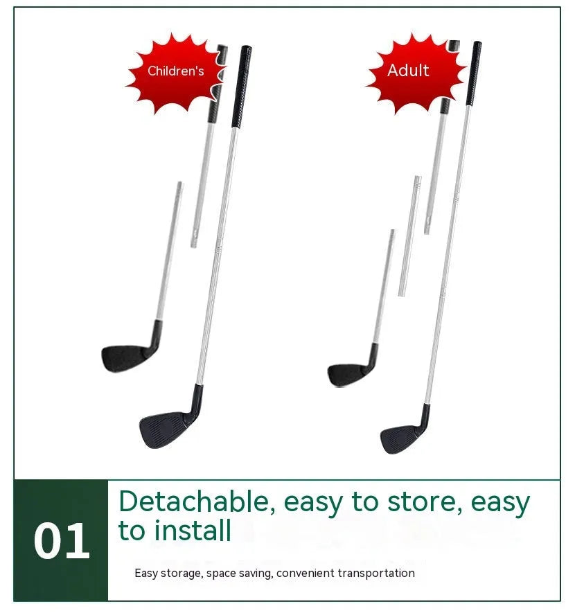 Metal golf club set showing adult and children's size options for outdoor practice.