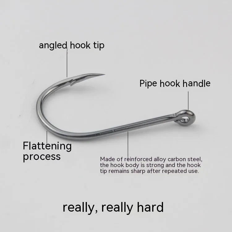 Bulk pack of alloy carbon steel barbed fishing hooks with a hole ring, suitable for rock and sea fishing.