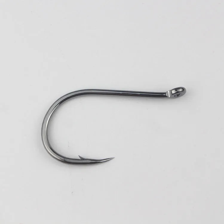 Bulk pack of alloy carbon steel barbed fishing hooks with a hole ring, suitable for rock and sea fishing.