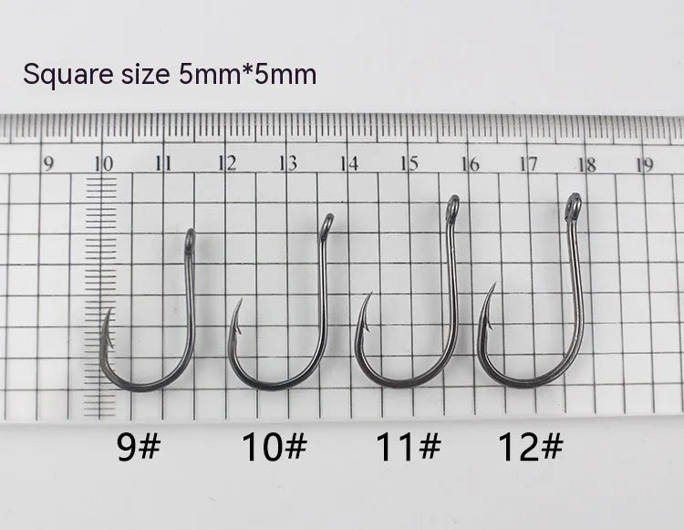 Bulk pack of alloy carbon steel barbed fishing hooks with a hole ring, suitable for rock and sea fishing.