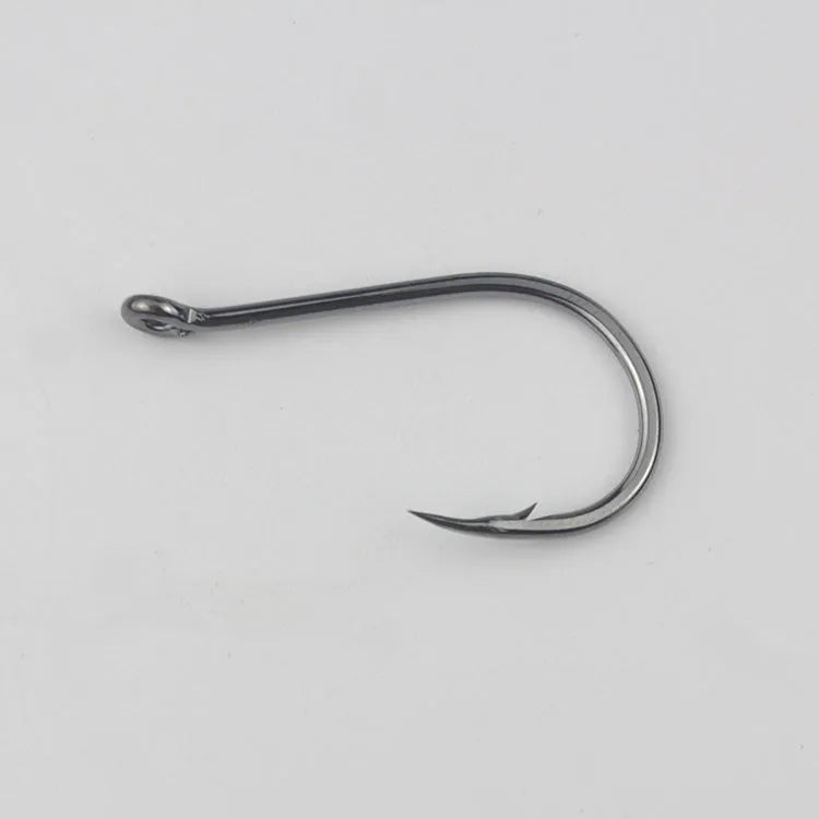 Bulk pack of alloy carbon steel barbed fishing hooks with a hole ring, suitable for rock and sea fishing.