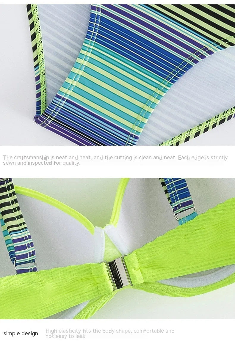 Women's green printed halter bikini set with split briefs in polyester fabric