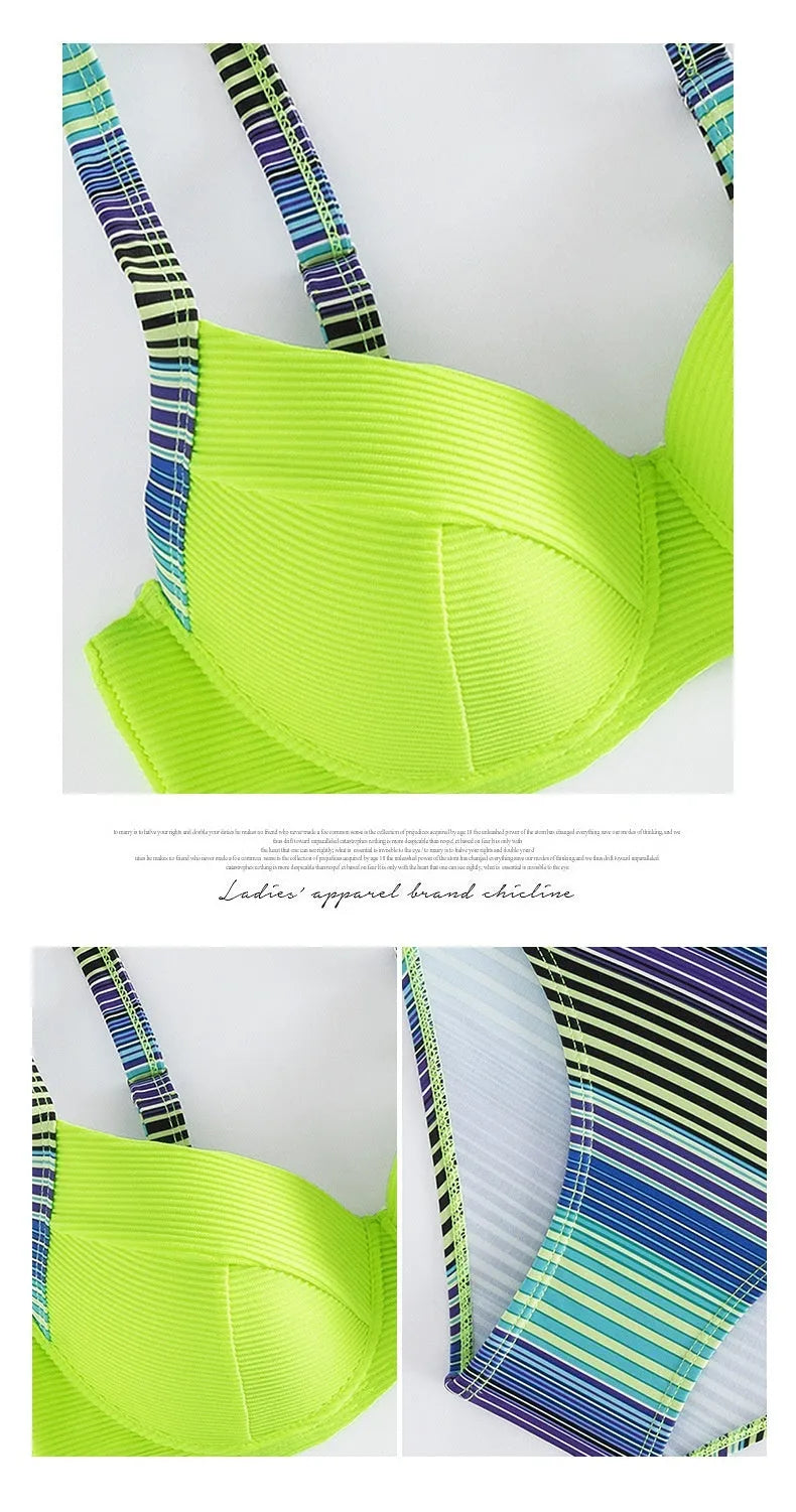 Women's green printed halter bikini set with split briefs in polyester fabric