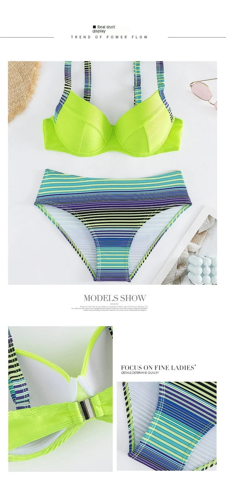 Women's green printed halter bikini set with split briefs in polyester fabric