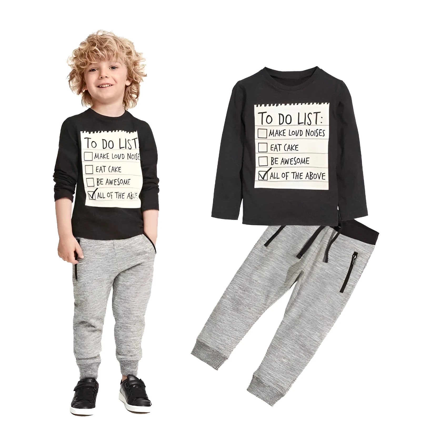 Boys cotton two-piece clothing set with long sleeves and matching pants showing letter pattern design