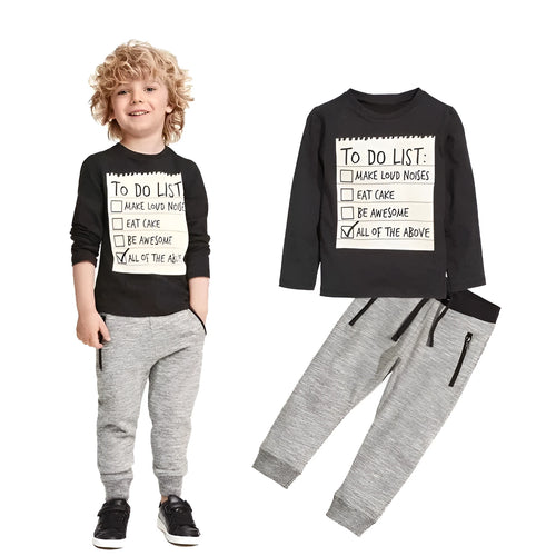 Boys cotton two-piece clothing set with long sleeve t-shirt and pants featuring printed letter pattern