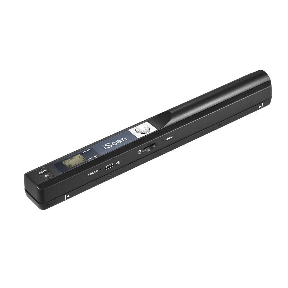 Handheld USB barcode scanner with a black plastic body and rubber grip, connected to a long grey cable.