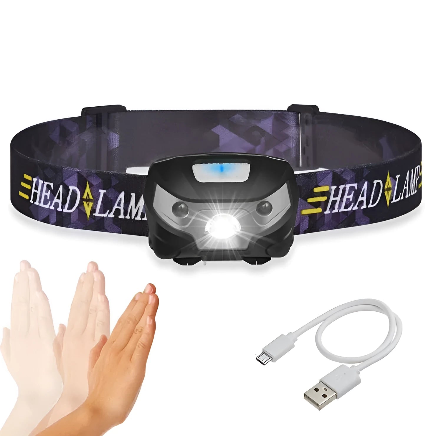 LED headlamp 3000LM mini motion sensor rechargeable headlight for outdoor use black