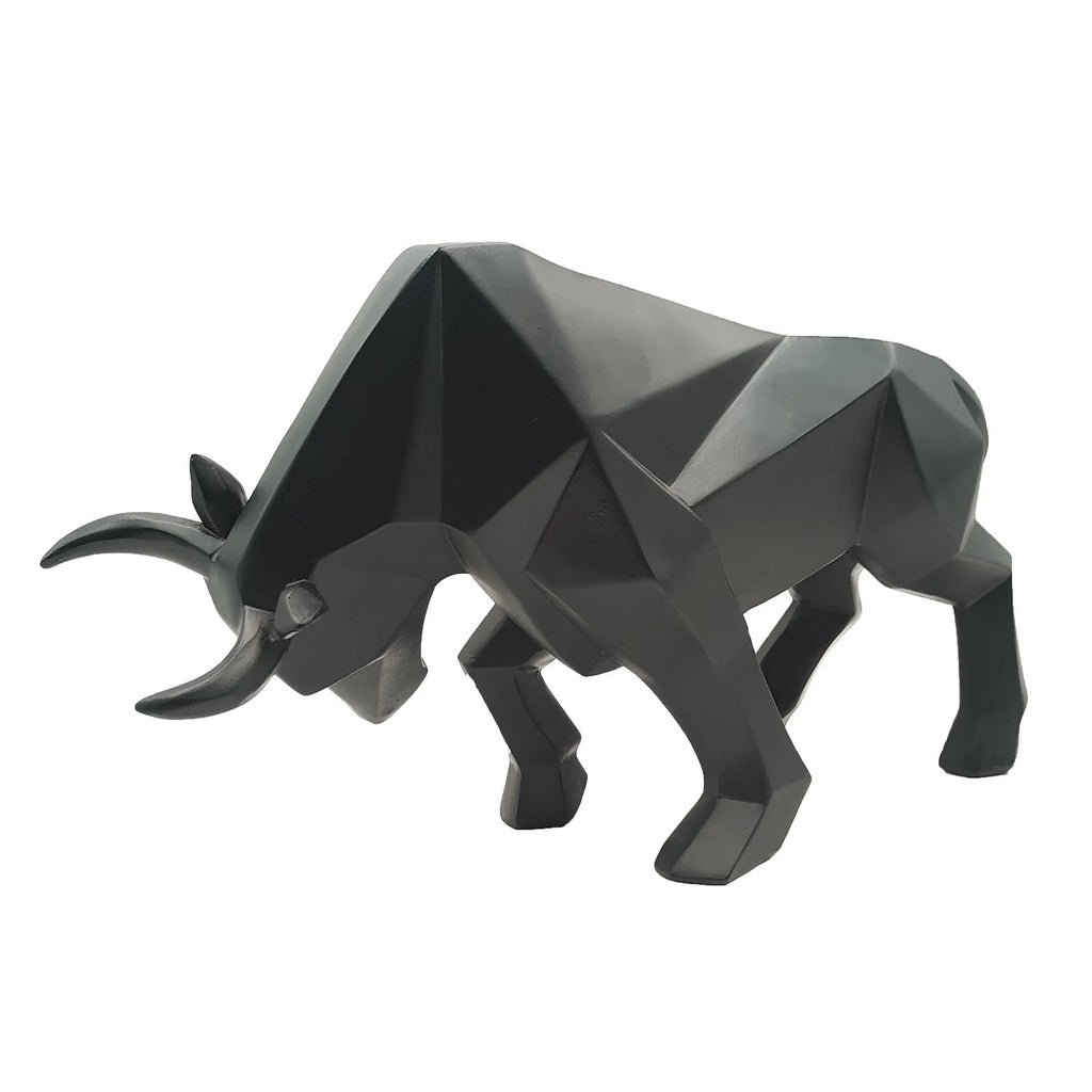 Black geometric resin bull sculpture, abstract bison statue about 35cm long for office or home decor