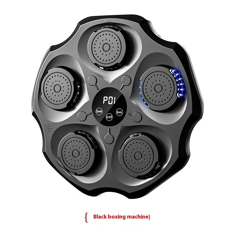Black Bluetooth boxing wall target with glowing lights, mounted on a wall next to boxing gloves.