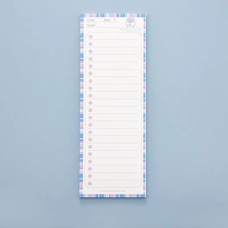 Simple Ins plastic cartoon notebook in blue, showing tall 90mm by 248mm size and double tape paper cover.