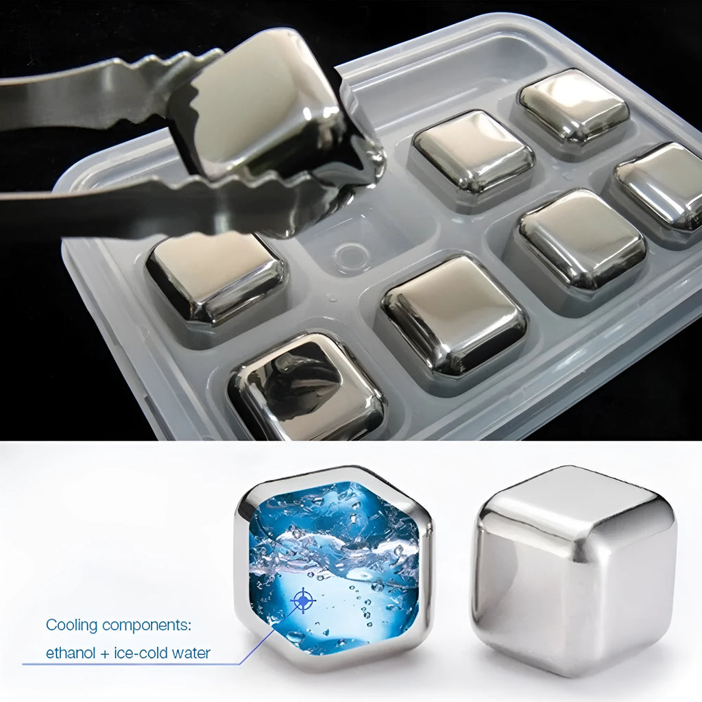 Set of 8 stainless steel whiskey stones with plastic clip for non-diluting drink cooling