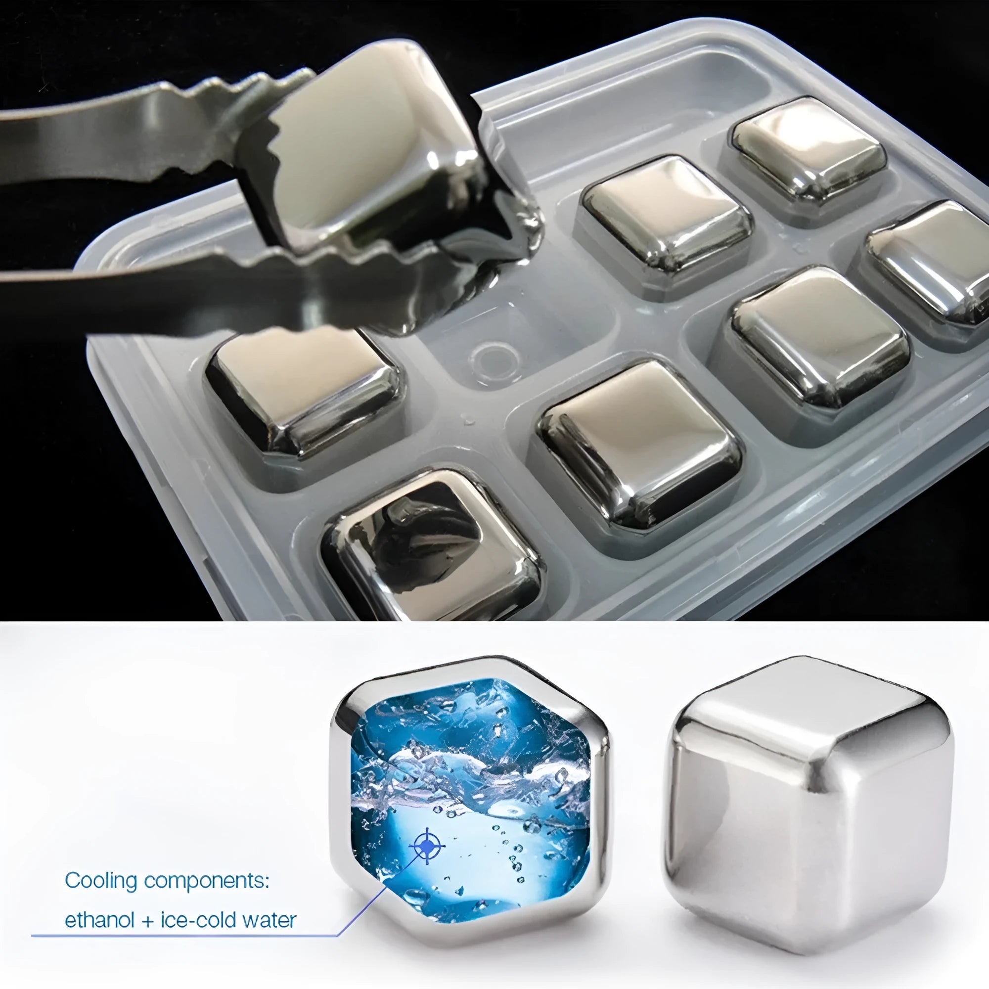 Set of 8 stainless steel whiskey stones with plastic clip for non-diluting drink cooling