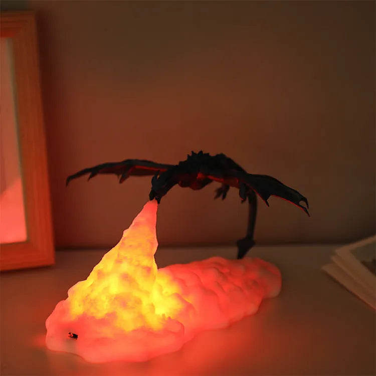 3D printed dragon night light with warm red breathing effect and USB charging cable