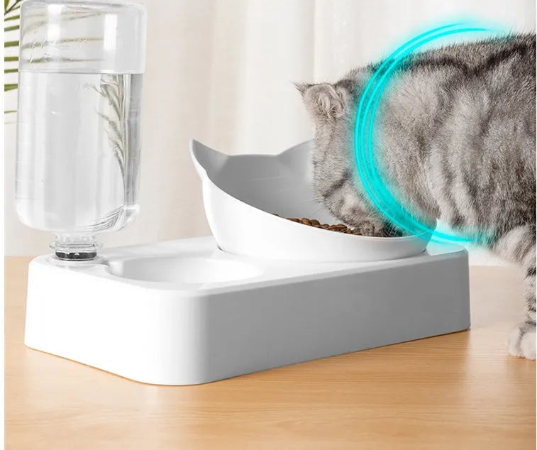 Automatic water storage dog bowl with 15-degree adjustable double bowl, white, showing tilted design for improved eating posture