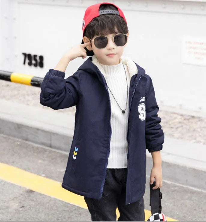 Children's winter jacket with velvet lining Korean style windbreaker in brown, green, navy sizes 110-160cm