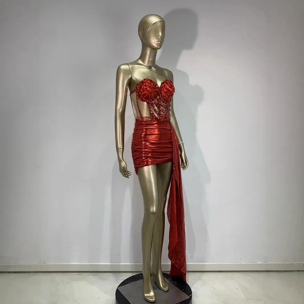 Red spandex skirt suit with hollow mesh see-through detailing for stage costumes