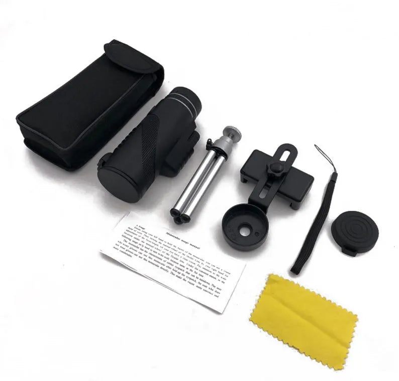 Black HD 40x60 cellphone telescope monocular with lens caps, showing its 144mm length.