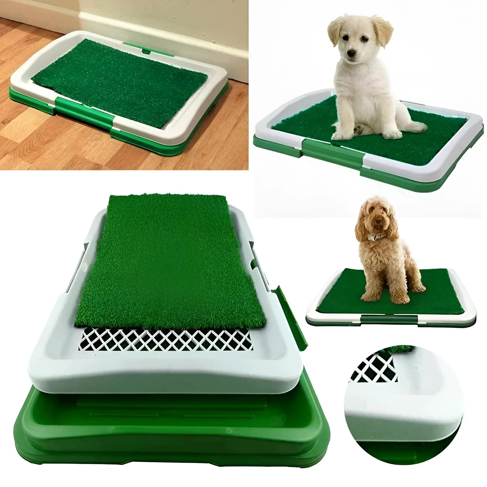 Green dog cleaning tool grid lawn flat toilet with press-button, removable grid, and antibacterial carpet, 46.5x34.5x6.5cm