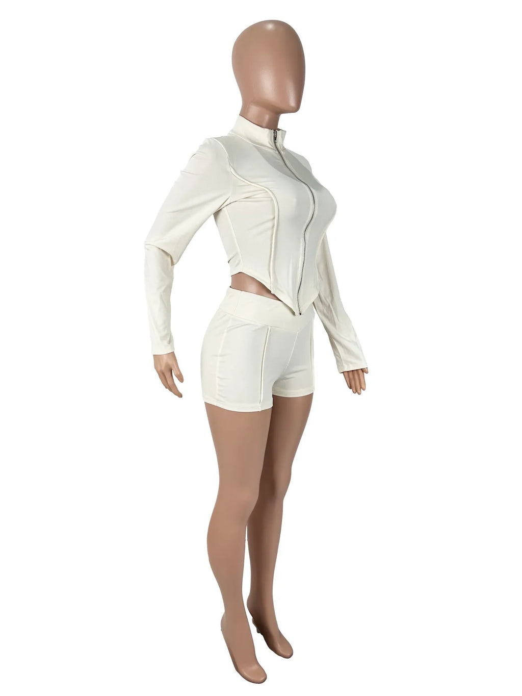 Women's solid colour apricot polyester lapel long sleeve top and shorts suit set on model