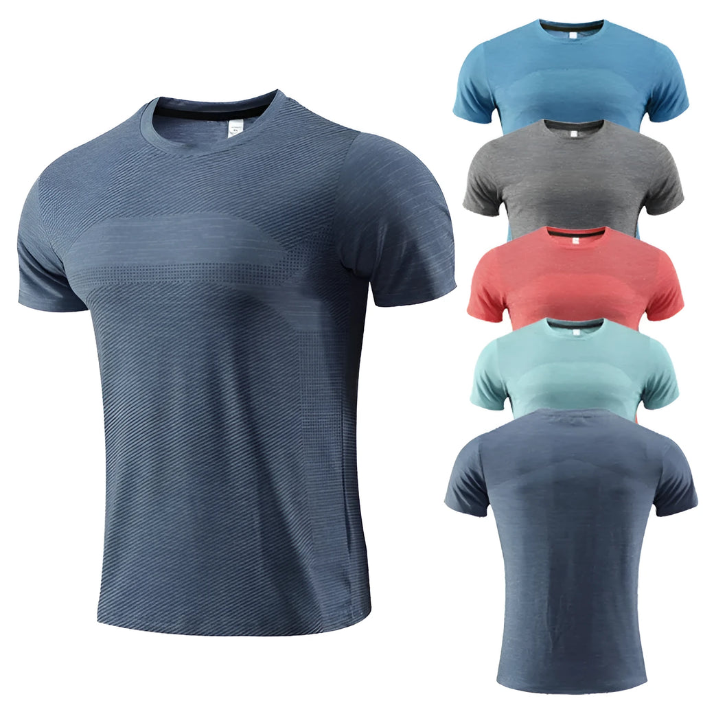 Short-sleeved red running t-shirt made from polyester spandex fabric, laid flat.