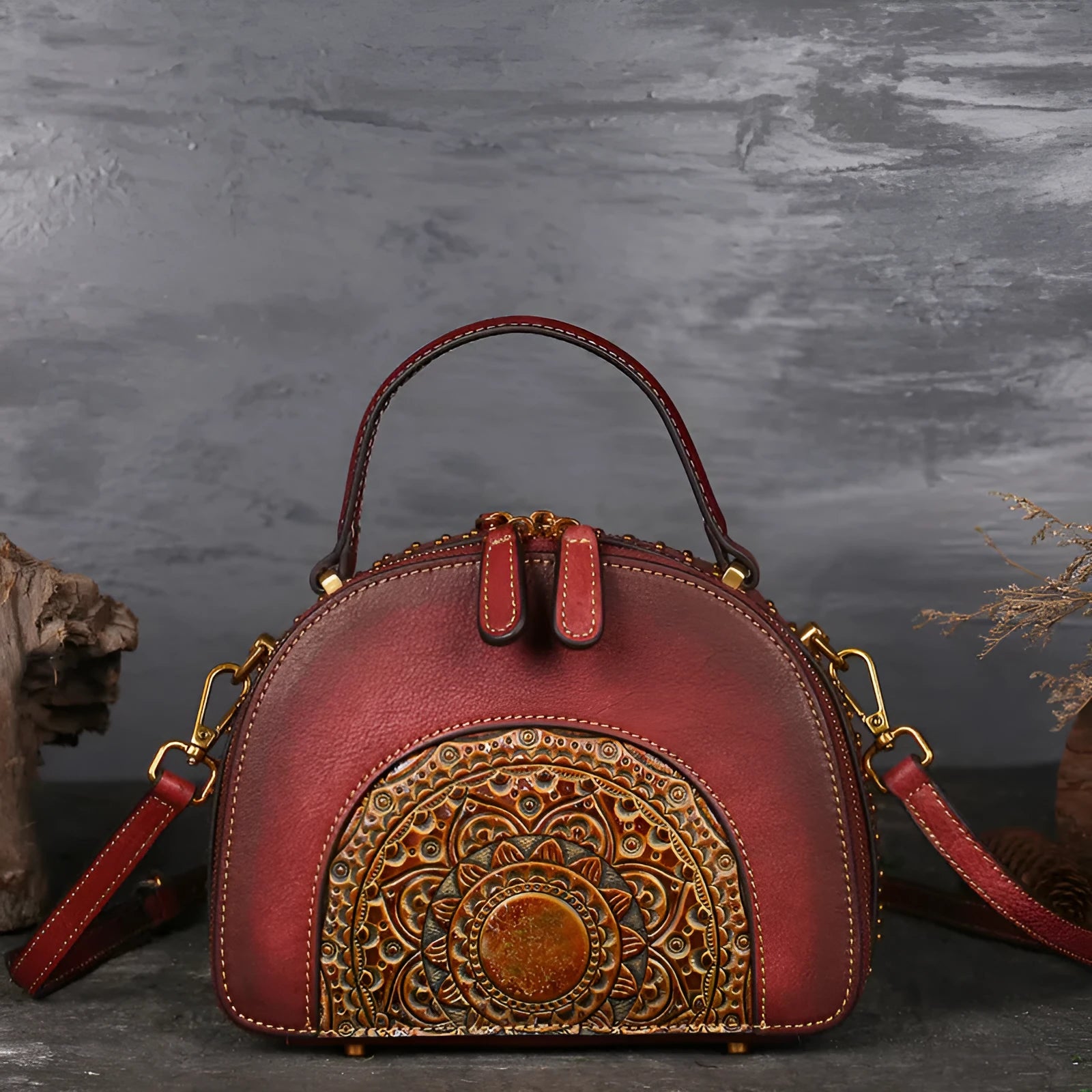 Vintage suede cowhide leather handbag with multiple interior pockets including ID and phone slots.