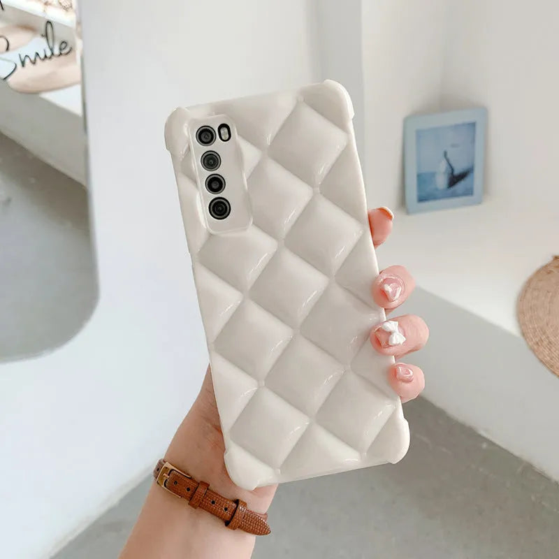 Huawei silicone phone case with diamond cell pattern in black, green, pink, or white colours