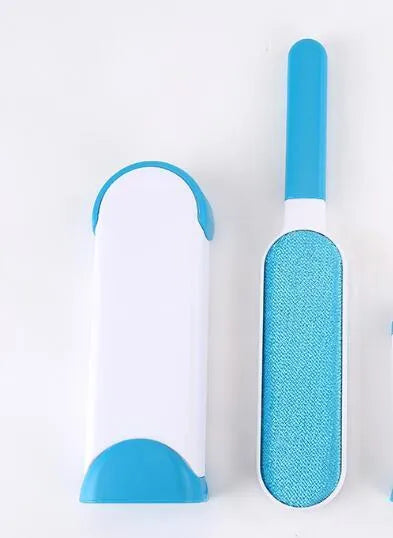 Blue reusable pet hair removal comb with double-sided lint brush and self-cleaning base