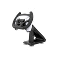 Black ABS plastic gamepad steering wheel bracket with a large white suction cup on its base.