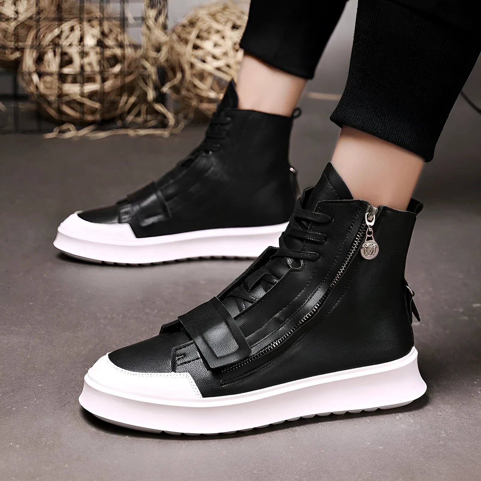 Black and white microfiber men's high-top ankle boots shown with a UK size chart.