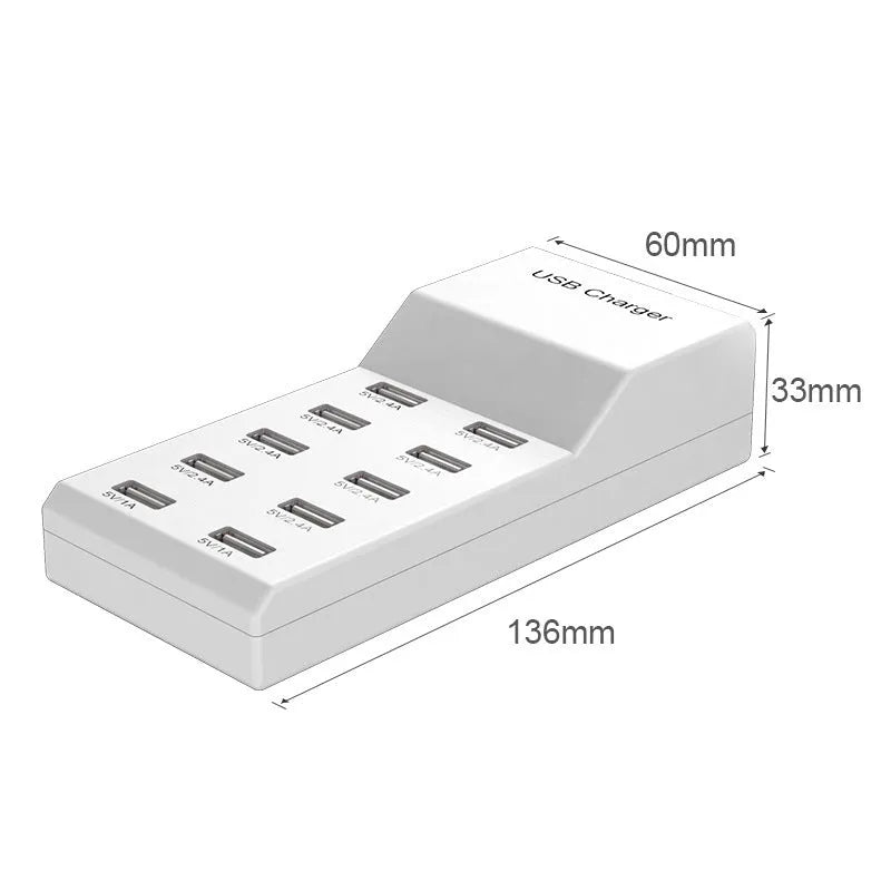 5V 2A USB multi-port charger with 5 ports, 10A output, overload protection, fireproof ABS housing, black colour