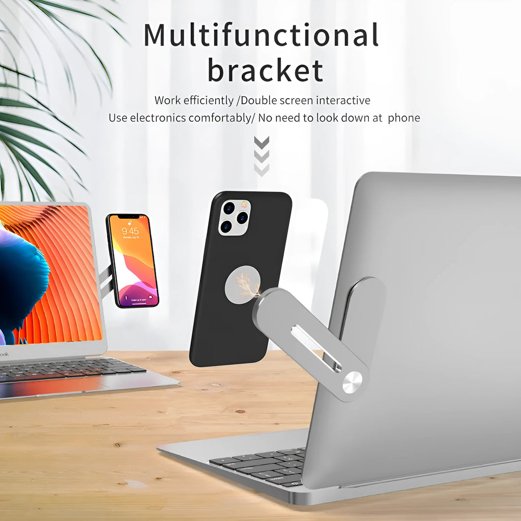 Silver aluminium laptop side mount bracket holding a smartphone, showing adjustable arm and magnetic pads.