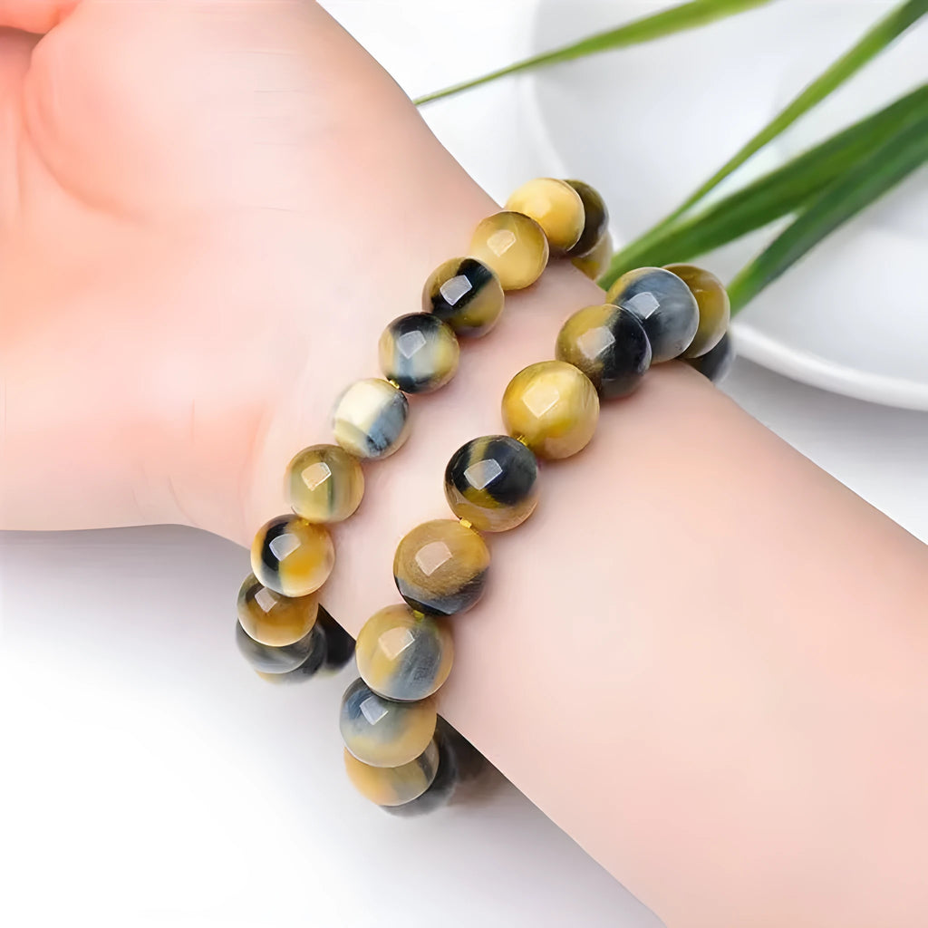Fantasy tiger eye agate bracelet with round beads in a geometric unisex design
