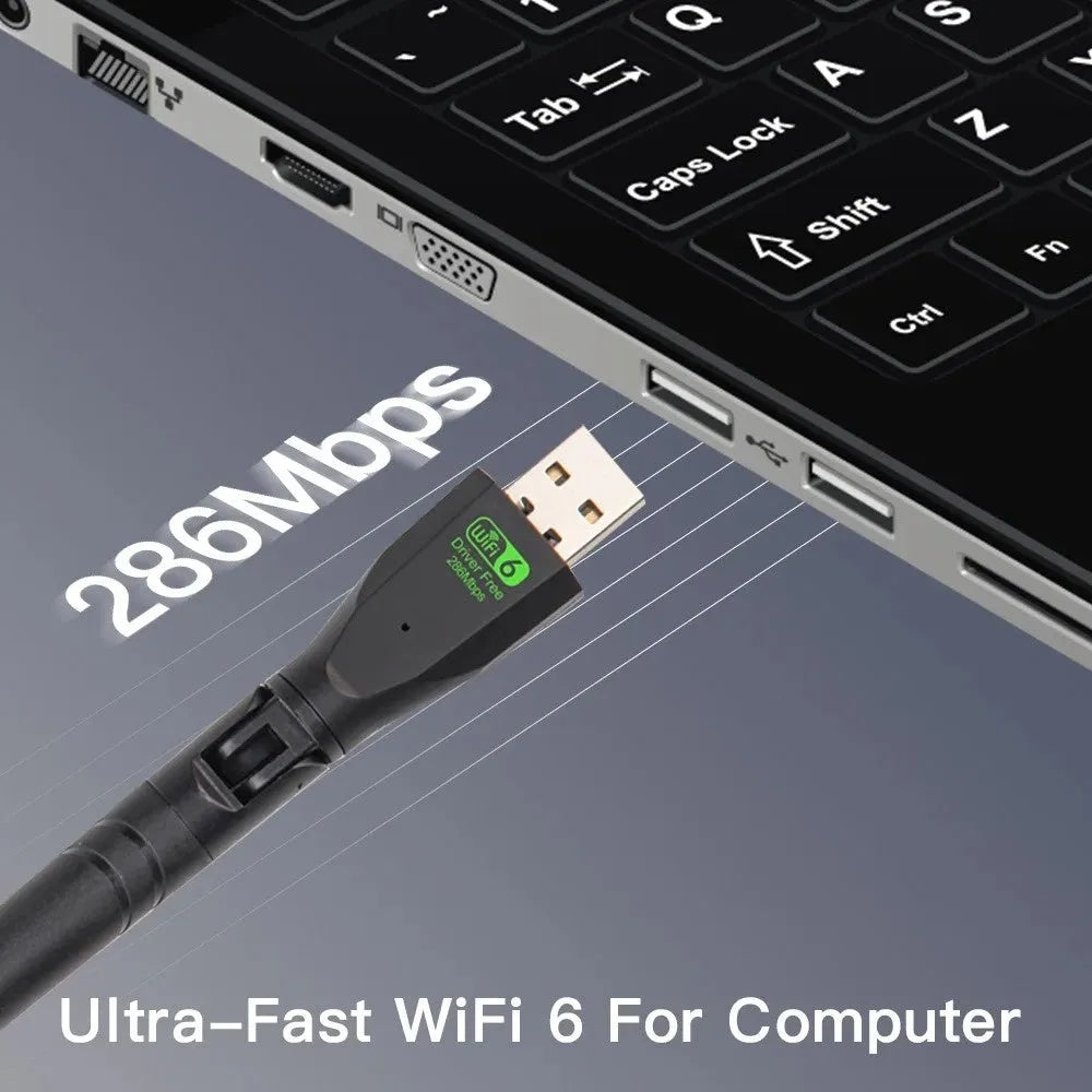 Black USB WiFi 6 wireless network card with integrated driver for desktop and laptop computers.