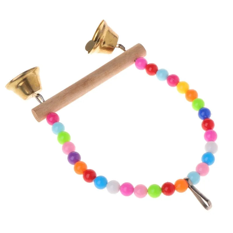 Qianyun small wooden bird swing with coloured beads and two bells, 10cm x 1.4cm x 15cm, hanging cage toy for parrots