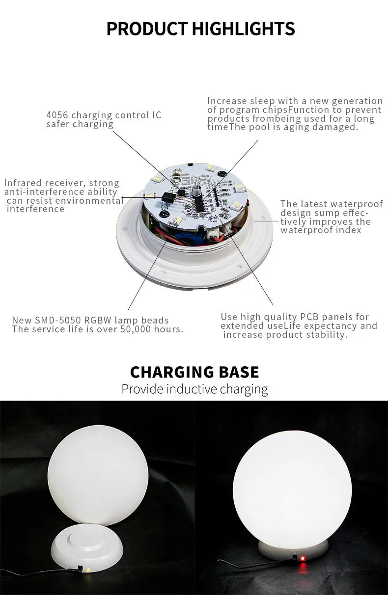 LED luminous ball lamp with remote control, IP67, 16 colours, 12cm to 30cm sizes
