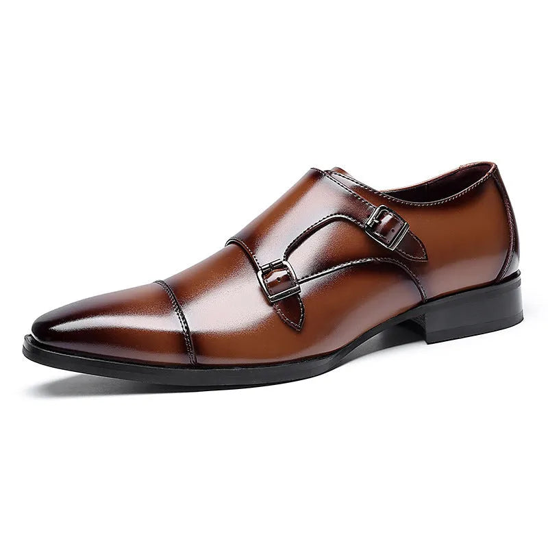 Men's black leather business shoes with square toe and rubber soles in British gentleman style
