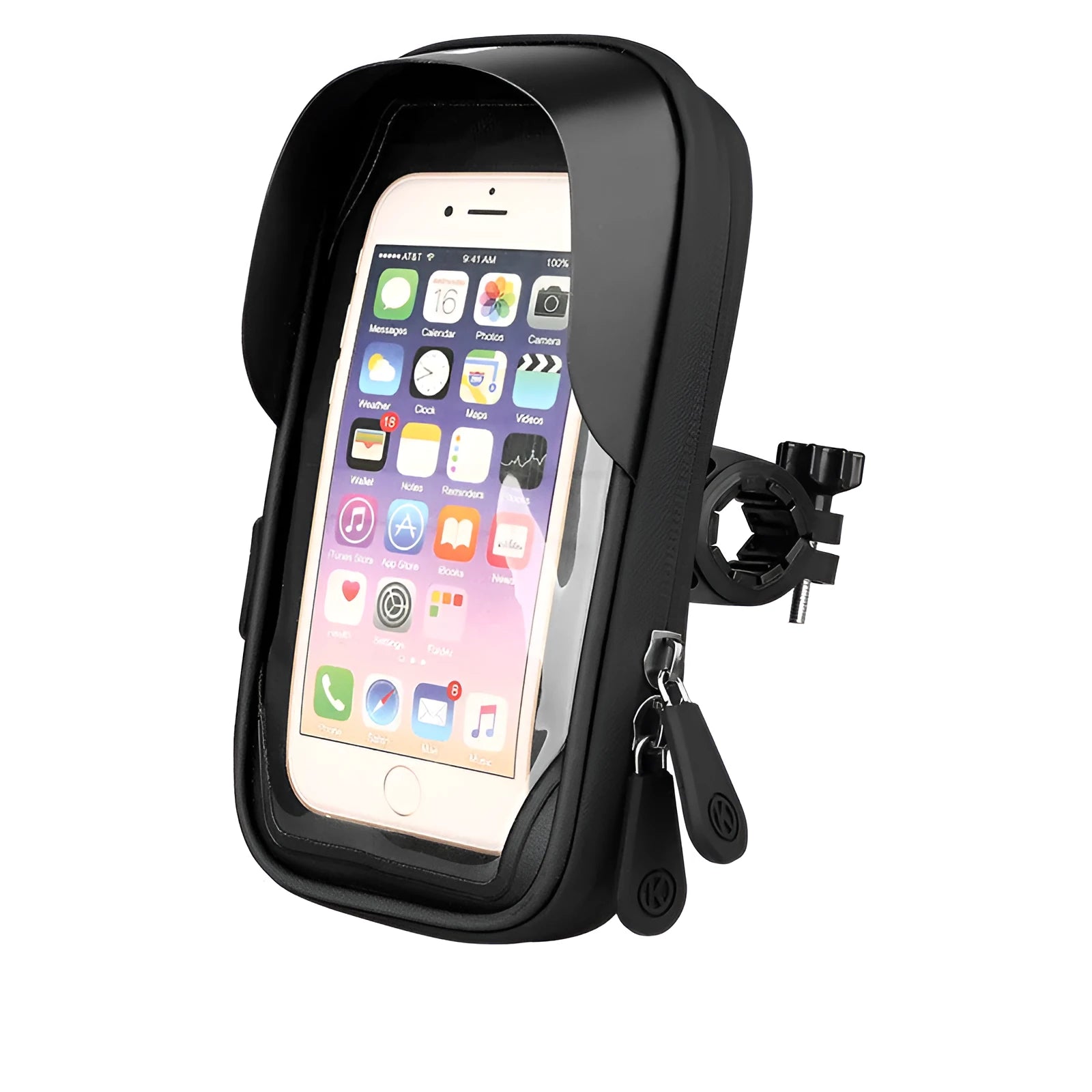 Black waterproof bicycle phone holder with clear touch screen mounted on handlebars.