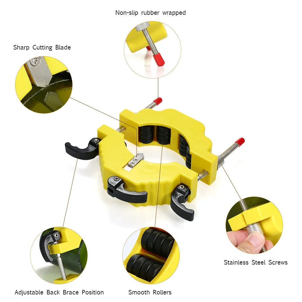 Yellow adjustable bottle cutter tool for DIY glass bottle cutting on a wooden table.