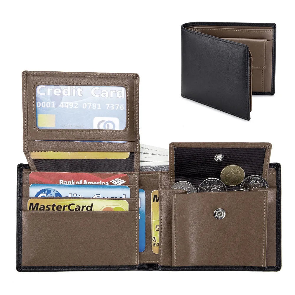 Soft cowhide trifold wallet for men in black with European and American retro print genuine leather